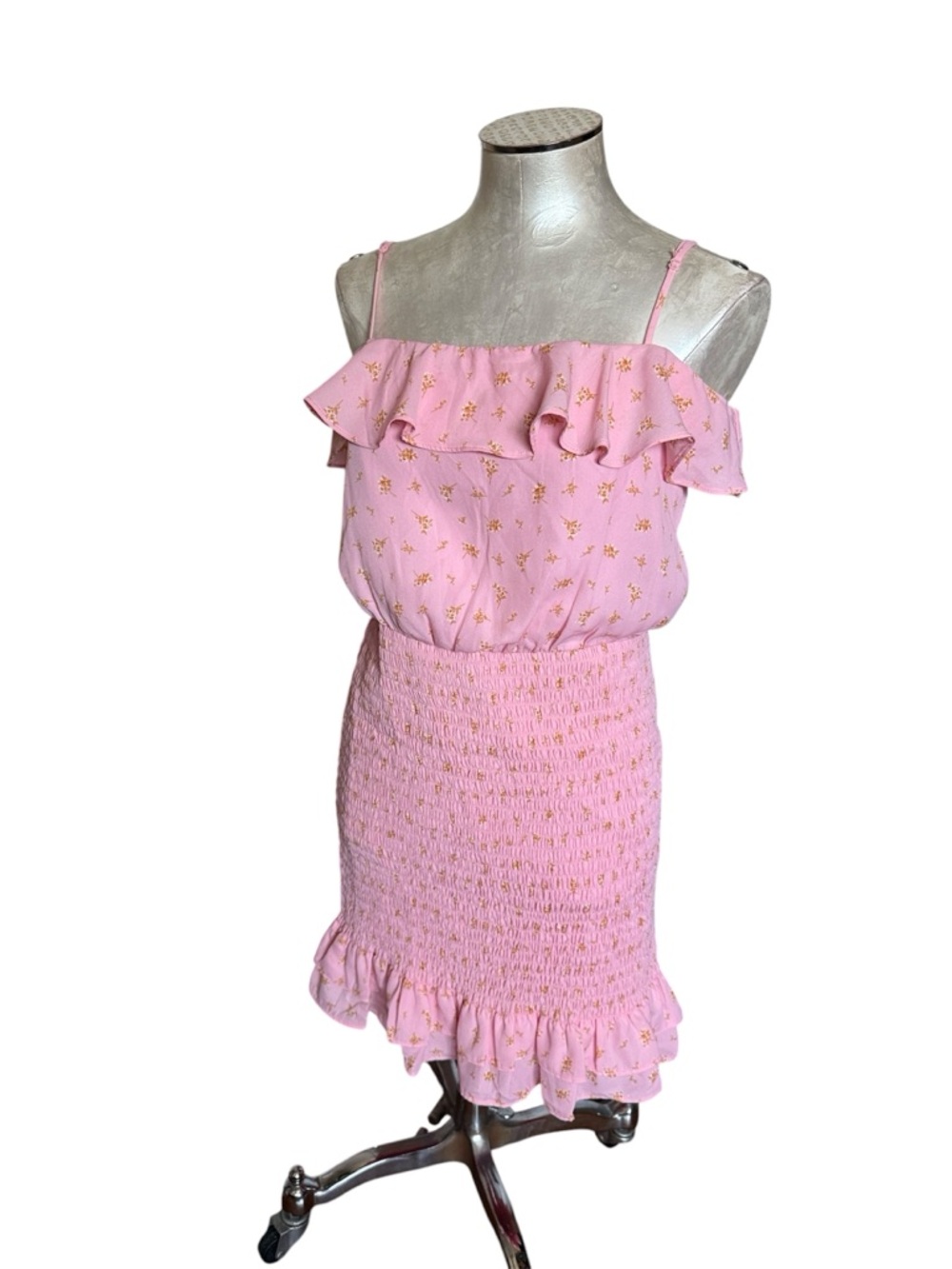Row A Pink Smocked Mini Dress Floral Ruffle Large